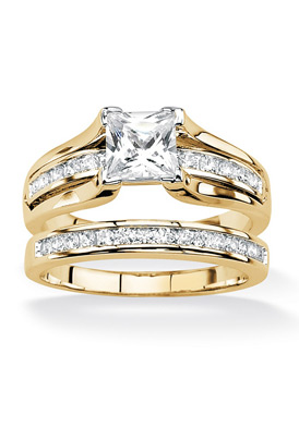 PalmBeach Yellow Gold-plated Princess Cut Cubic Zirconia Channel Bridal Ring Set Sizes 5-10 Size 5