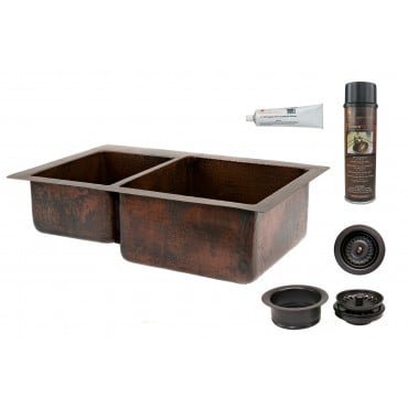 Picture of 33&apos;&apos; Hammered Copper Kitchen 40/60 Double Basin Sink with Matching Drains- and Accessories.