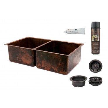 Picture of 33&apos;&apos; Hammered Copper Kitchen 50/50 Double Basin Sink with Matching Drains- and Accessories.