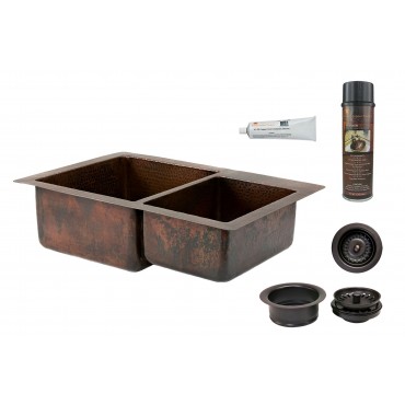 Picture of 33&apos;&apos; Hammered Copper Kitchen 60/40 Double Basin Sink with Matching Drains- and Accessories.