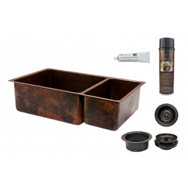 Picture of 33&apos;&apos; Hammered Copper Kitchen 75/25 Double Basin Sink with Matching Drains- and Accessories.