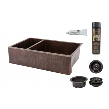 Picture of 33&apos;&apos; Hammered Copper Kitchen Apron 25/75 Double Basin Sink with Matching Drains- and Accessories.