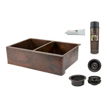 Picture of 33&apos;&apos; Hammered Copper Kitchen Apron 50/50 Double Basin Sink with Matching Drains- and Accessories.