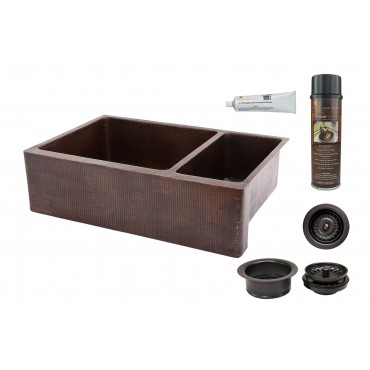 Picture of 33&apos;&apos; Hammered Copper Kitchen Apron 75/25 Double Basin Sink with Matching Drains- and Accessories.
