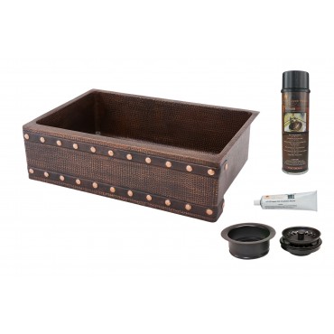 Picture of 33&apos;&apos; Hammered Copper Kitchen Apron Single Basin Sink w/ Barrel Strap Design with Matching Drain and Accessories.
