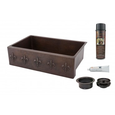 Picture of 33&apos;&apos; Hammered Copper Kitchen Apron Single Basin Sink w/ Fleur De Lis with Matching Drain and Accessories.