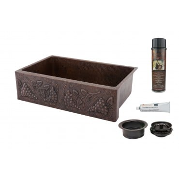 Picture of 33&apos;&apos; Hammered Copper Kitchen Apron Single Basin Sink w/ Vineyard Design with Matching Drain and Accessories.