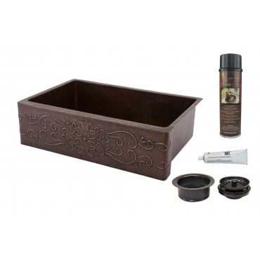 Picture of 33&apos;&apos; Hammered Copper Kitchen Apron Single Basin Sink w/ Scroll Design with Matching Drain and Accessories.