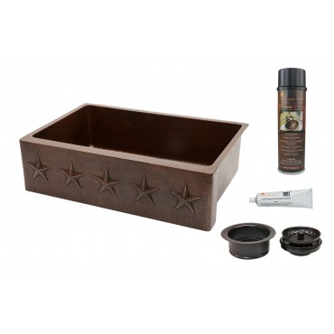 Picture of 33&apos;&apos; Hammered Copper Kitchen Apron Single Basin Sink w/ Star Design with Matching Drain and Accessories.