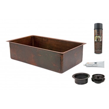 Picture of 33&apos;&apos; Hammered Copper Kitchen Single Basin Sink with Matching Drain and Accessories.