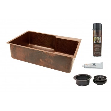 Picture of 33&apos;&apos; Hammered Copper Kitchen Single Basin Sink with Matching Drain and Accessories.