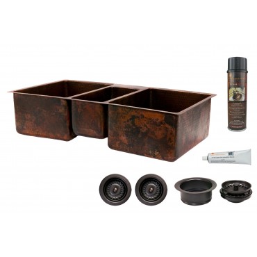 Picture of 42&apos;&apos; Hammered Copper Kitchen Triple Basin Sink with Matching Drains- and Accessories.