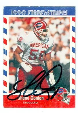 Shane Conlan autographed Football Card (Buffalo Bills) 1990 Stars and Stripes No.19 (card has dent on side)