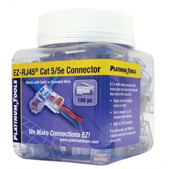 Platinum Tools EZ-RJ45 Cat5e Crimp Connectors, Slide Through Wires, POE Compliant, Jar 100 pieces