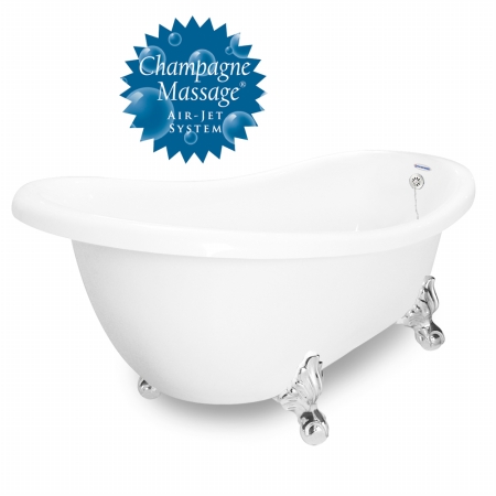 American Bath Factory T031A-CH-L & DM-7 Champagne Churchill 71 in. White Acrastone Tub & Drain, Chrome Metal Finish&