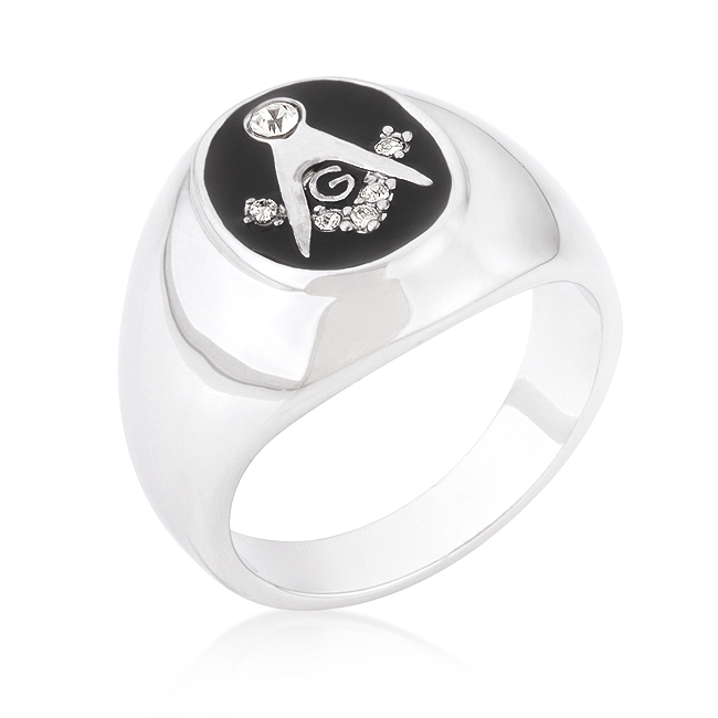 Silvertone Onyx Cubic Zirconia Masonic Ring, Size - 13
