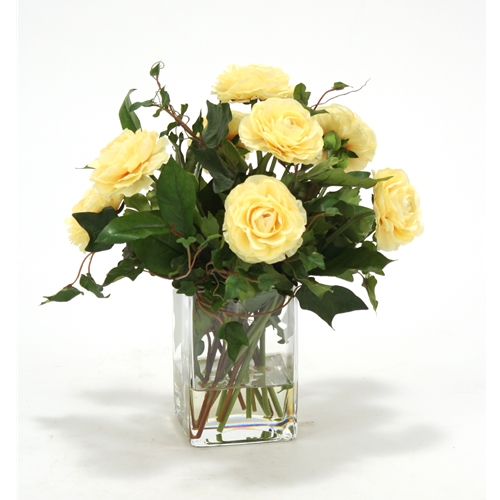 Picture of Distinctive Designs International  16220 Waterlook Light Yellow Ranunculus With Ivy And Basil In Square Glass