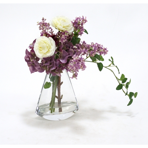 Distinctive Designs International 16223 Waterlook Lavender Lilacs And Hydrangeas With Cream White Ranunculus In Glass Rocker Vase