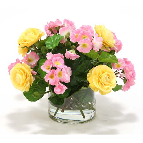 Distinctive Designs International Waterlook Pink Primrose And Yellow Ranunculus In Cylinder Glass