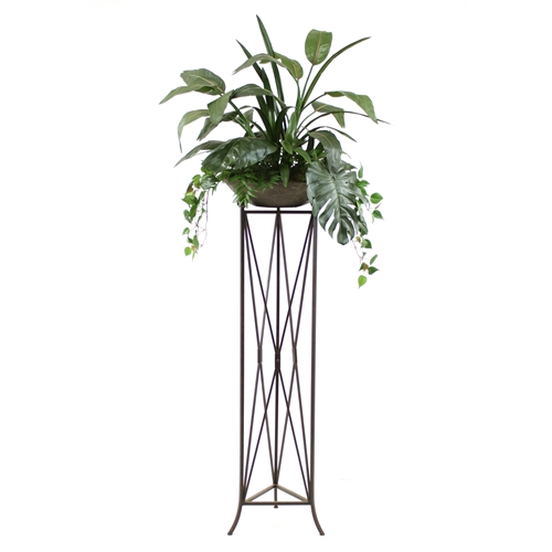 Distinctive Designs International Silk Tropical Foliage In Large Stone Finish Bowl In An Isosceles Plant Stand