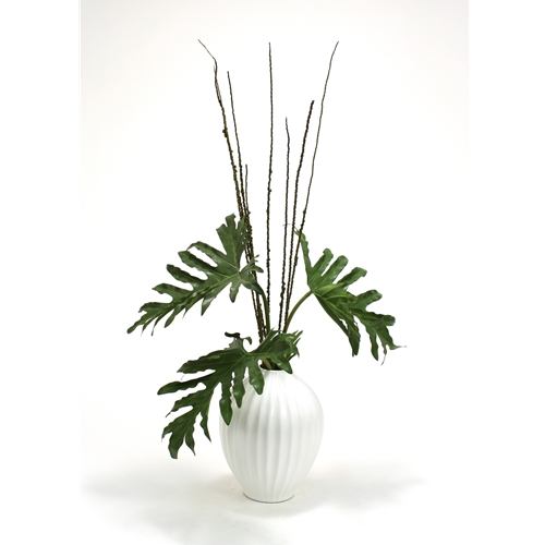 Distinctive Designs International   Silk Selloum Philodendron Mix In White Fluted Porcelain Vase