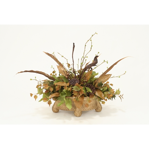 Distinctive Designs International Fall Silk Foliage And Natural Mix Of Feathers And Pods In Sierra Beige Feather Planter