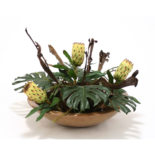 Distinctive Designs International Silk Tropical Foliage With Proteas- Natrag And Pods In Mocha Glazed Bowl - Oranges