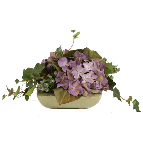 Distinctive Designs International  Silk Purple-Blue Hydrangeas And Groundsel With Mountain Ivy In A Small Square Tray