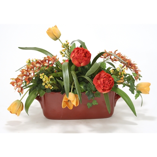 Distinctive Designs International  Rust - Green And Gold Silk Garden Floral Mix In A Red Oval Ceramic French Tureen