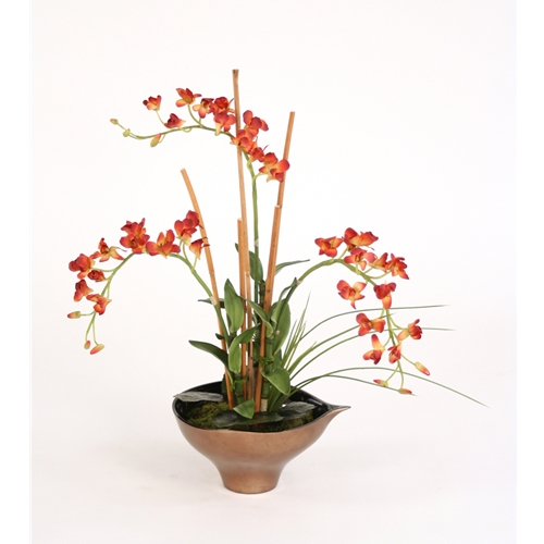 Distinctive Designs International  Silk Rust Orchids - Arrorog And Tropical Foliage In A Bronze Leaf Bowl