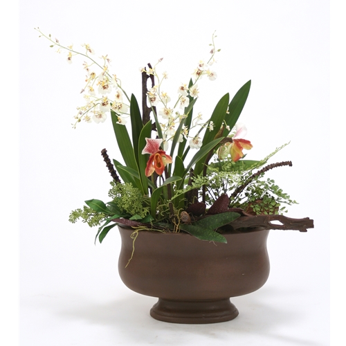 Distinctive Designs International Silk White Orchids - Lady Slippers In Oval Brown Concrete Planter