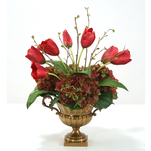 Distinctive Designs International  Silk Burgundy Tulips And Rose Green Hydrangeas In Antique Brass Fluted Compote