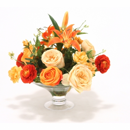 Distinctive Designs International Orange And Gold Roses- Ranunculus- Lilies In Glass Compote - Oranges - Saffron