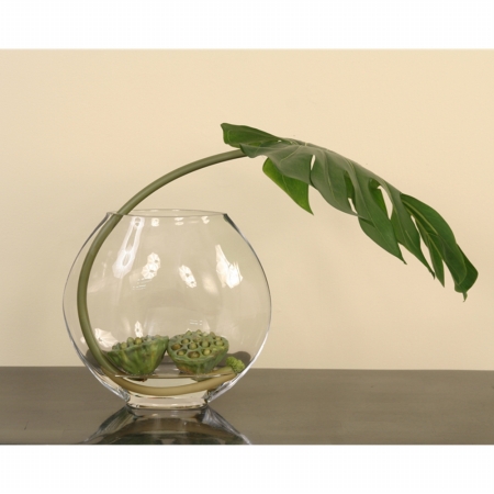 Distinctive Designs International Waterlook Silk Philo Leaf With Lotus Pods In A Glass Disk Vase