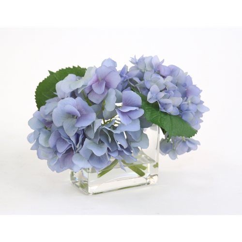 Distinctive Designs International   Waterlook Silk Blue Hydrangeas In A Small Rectangular Glass Vase