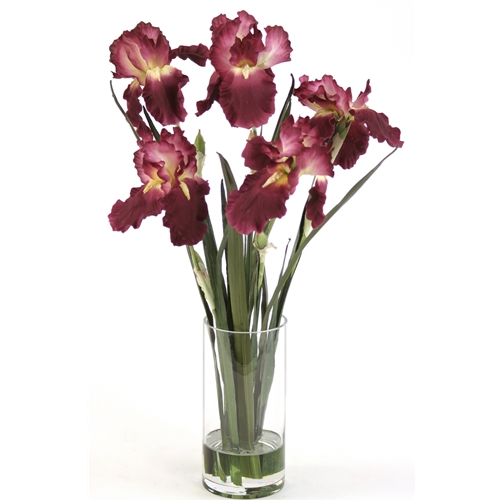 Distinctive Designs International Waterlook Silk Amethyst Iris With Blades In A Glass Cylinder Vase