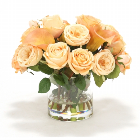Distinctive Designs International  Cream Peach And Champagne Yellow Mixed Roses With Rose Cream Calla Lilies In Round Cylinder - Cream