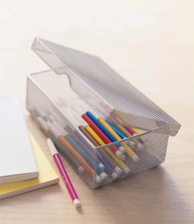 Picture of YBMHome 2307 Silver Hinged Mesh Pencil- Markers- Pens Storage Box