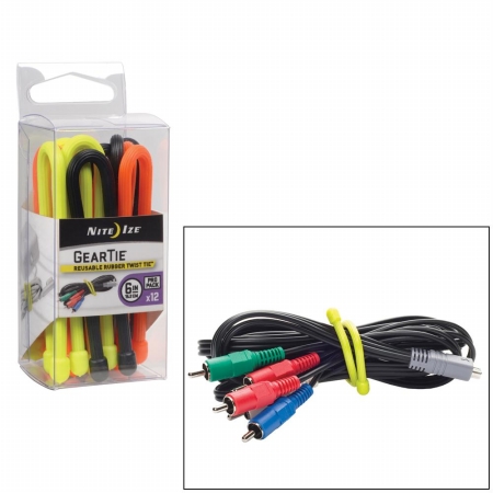 Gear Tie, 6 in L, Variable Max Bundle Dia., Black, Orange, Yellow, Rubber, Wire, 12 PK