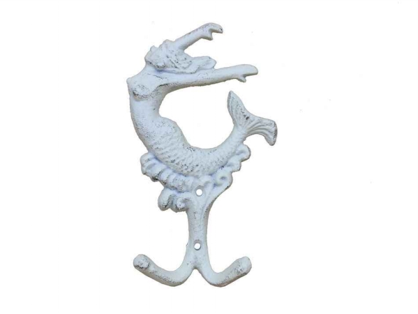 6 in. Cast Iron Mermaid Key Hook - Whitewashed