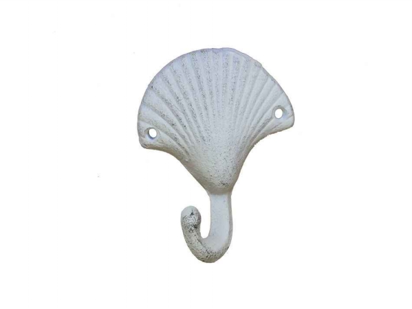 6 in. Cast Iron Seashell Hook - Whitewashed