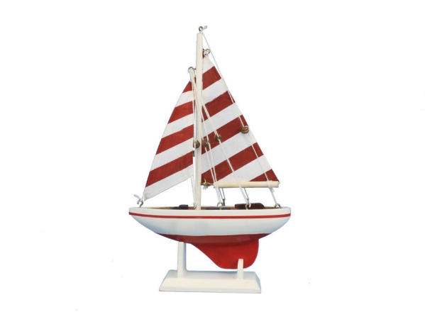 Picture of Handcrafted Model Ships Sailboat 9-110 Wooden Red Striped Pacific Sailer Model Sailboat Decoration - 9 in.