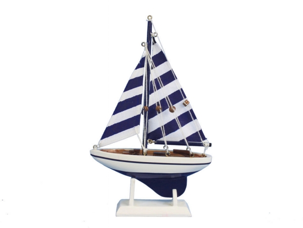 Picture of Handcrafted Model Ships Sailboat 9-109 Wooden Blue Striped Pacific Sailer Model Sailboat Decoration - 9 in.