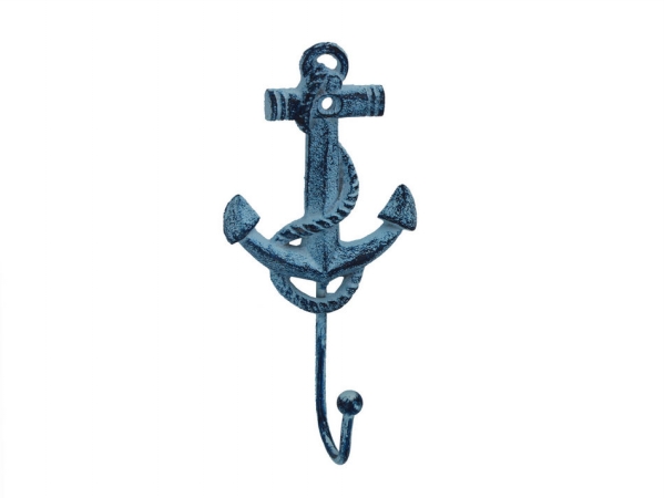 7 in. Cast Iron Anchor Hook - Rustic Dark Blue Whitewashed