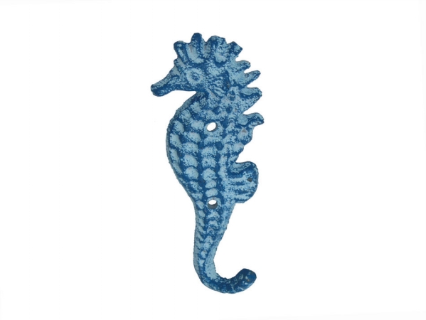 K-575-light blue 7 in. Cast Iron Seahorse Hook - Rustic Light Blue Whitewashed