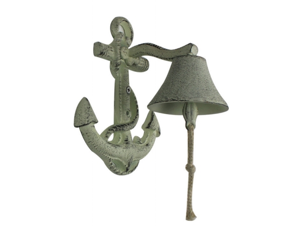 8 in. Cast Iron Wall Mounted Anchor Bell - Rustic Whitewashed