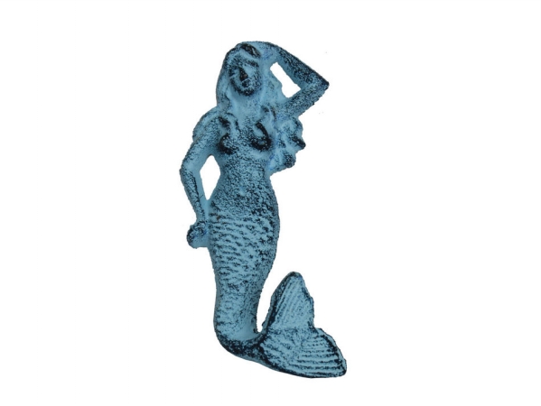 6 in. Cast Iron Mermaid Hook - Rustic Light Blue Whitewashed