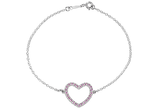 Fine Jewelry Vault UBBRS85529AG Pink CZ Heart Bracelet in Rhodium Plating 925 Sterling Silver with 7 in. Chain
