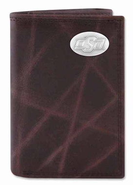 Picture of ZeppelinProducts OKS-IWT2-WRNK-BRW Oklahoma State Trifold Wrinkle Leather Wallet