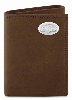 Picture of ZeppelinProducts OKS-IWT2-CRZH-LBR Oklahoma State Trifold Crazyhorse Leather Wallet